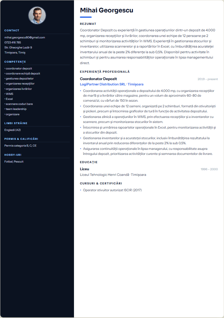Exemplu de CV generat — template Modern
